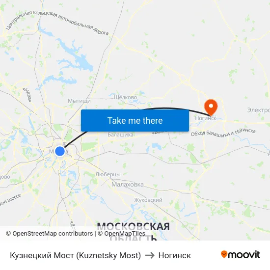 Кузнецкий Мост (Kuznetsky Most) to Ногинск map