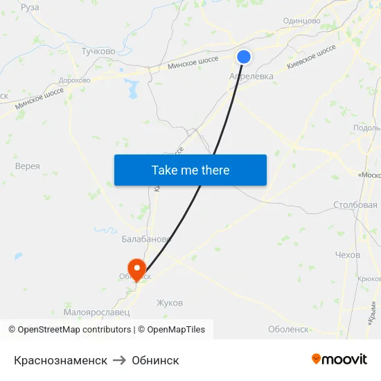 Краснознаменск to Обнинск map