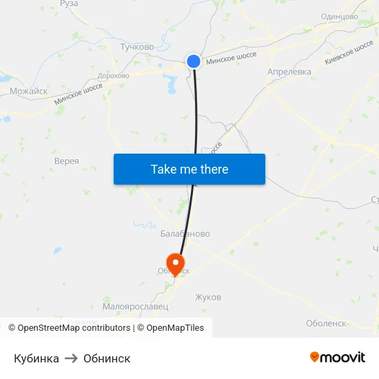 Кубинка to Обнинск map