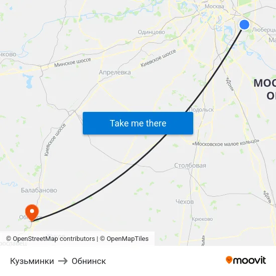 Кузьминки to Обнинск map