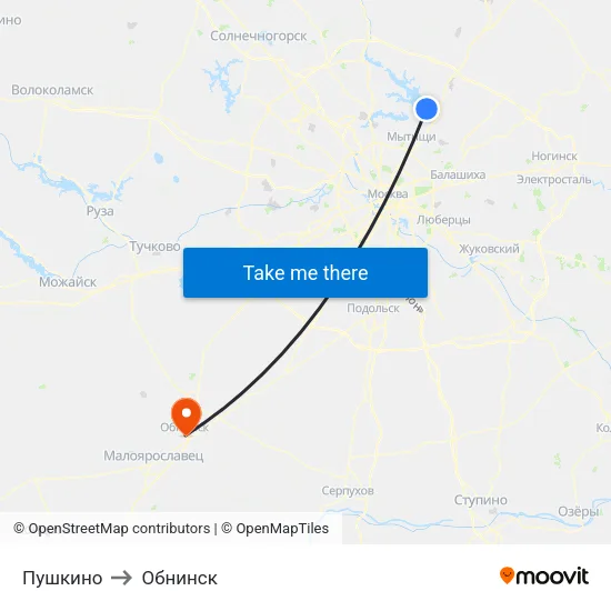 Пушкино to Обнинск map