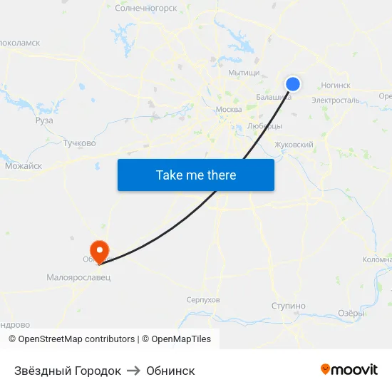 Звёздный Городок to Обнинск map