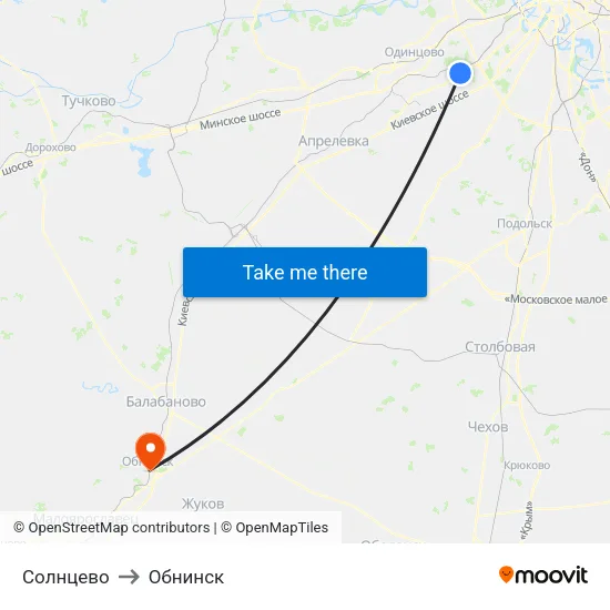 Солнцево to Обнинск map