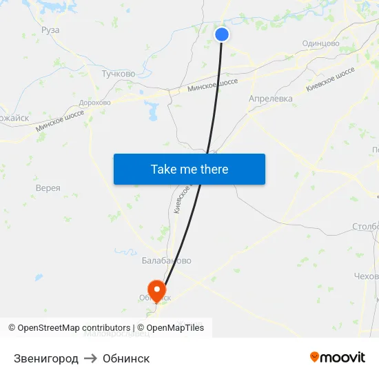 Звенигород to Обнинск map