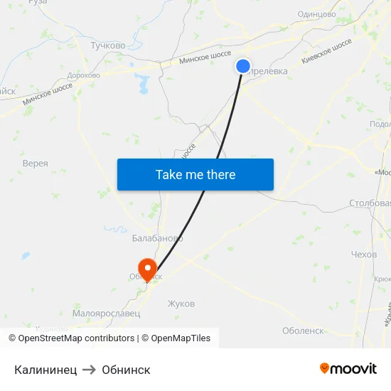 Калининец to Обнинск map
