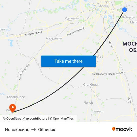 Новокосино to Обнинск map