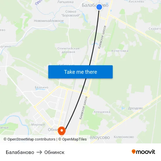 Балабаново to Обнинск map