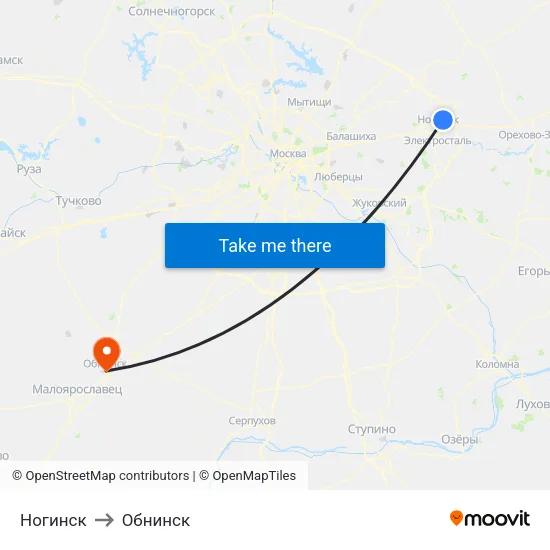 Ногинск to Обнинск map