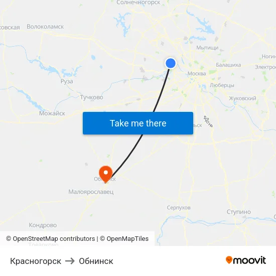 Красногорск to Обнинск map