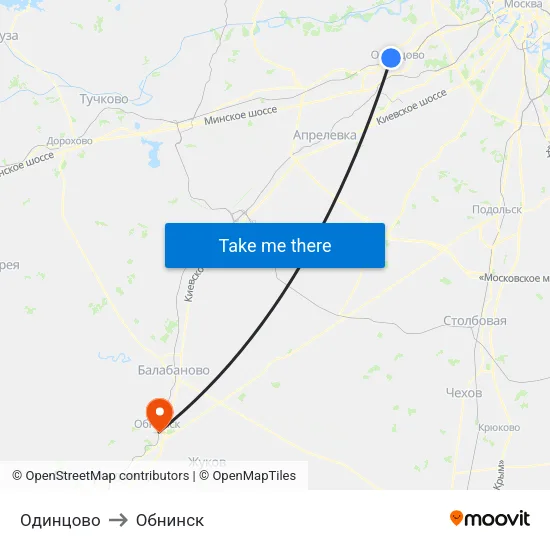 Одинцово to Обнинск map