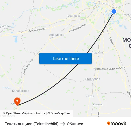 Текстильщики (Tekstilschiki) to Обнинск map