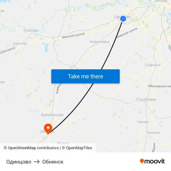 Одинцово to Обнинск map