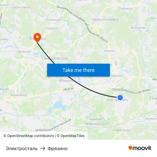 Электросталь to Фрязино map