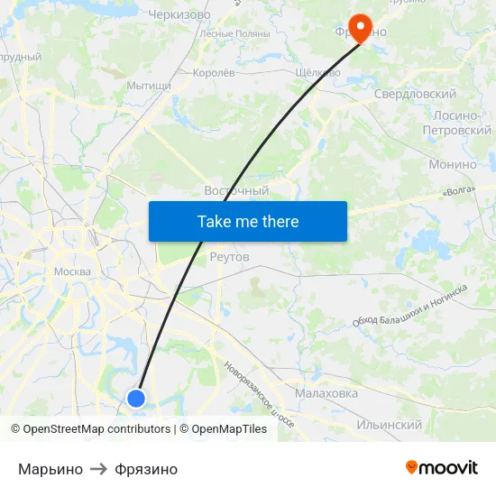 Марьино to Фрязино map