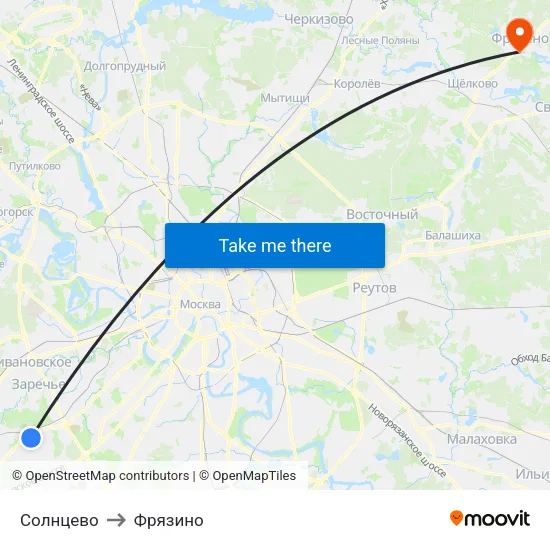 Солнцево to Фрязино map