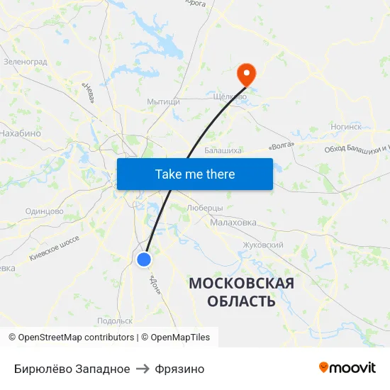 Бирюлёво Западное to Фрязино map