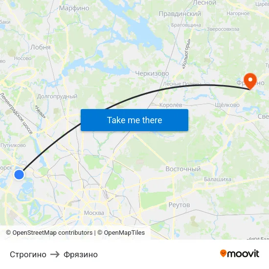 Строгино to Фрязино map