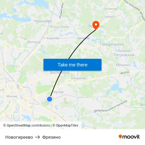 Новогиреево to Фрязино map