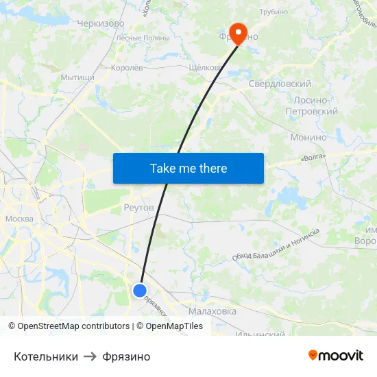 Котельники to Фрязино map