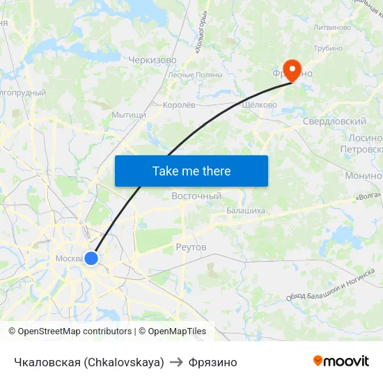 Чкаловская (Chkalovskaya) to Фрязино map