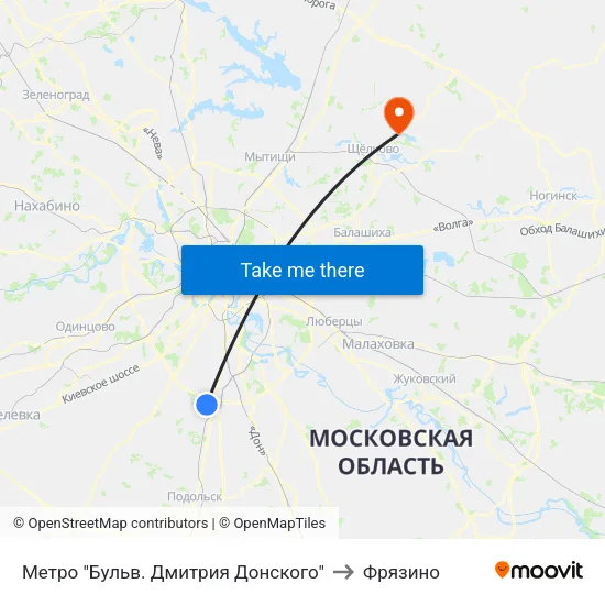 Метро "Бульв. Дмитрия Донского" to Фрязино map
