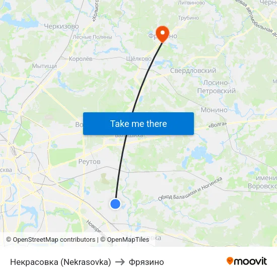 Некрасовка (Nekrasovka) to Фрязино map