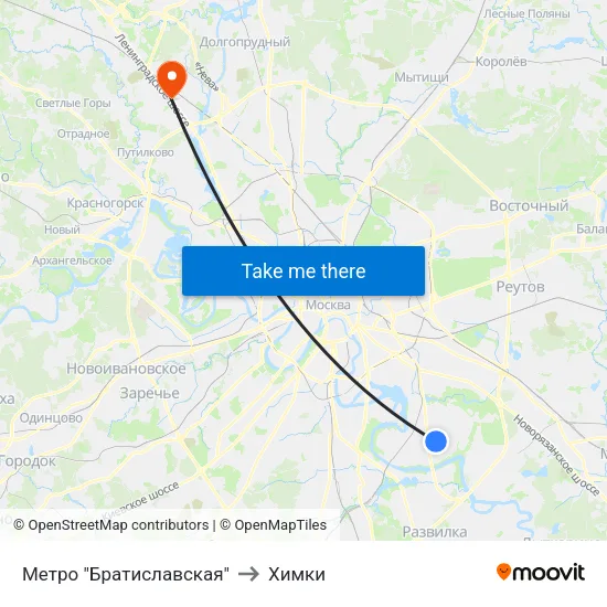 Метро "Братиславская" to Химки map