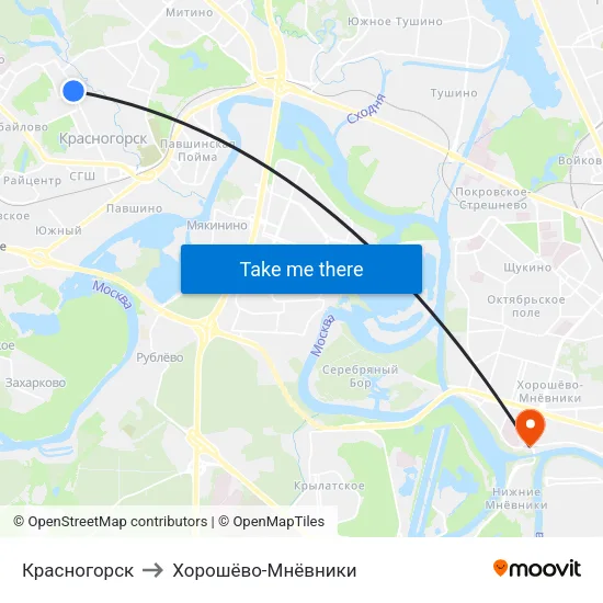 Красногорск to Хорошёво-Мнёвники map