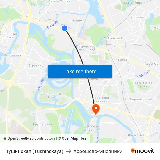 Тушинская (Tushinskaya) to Хорошёво-Мнёвники map