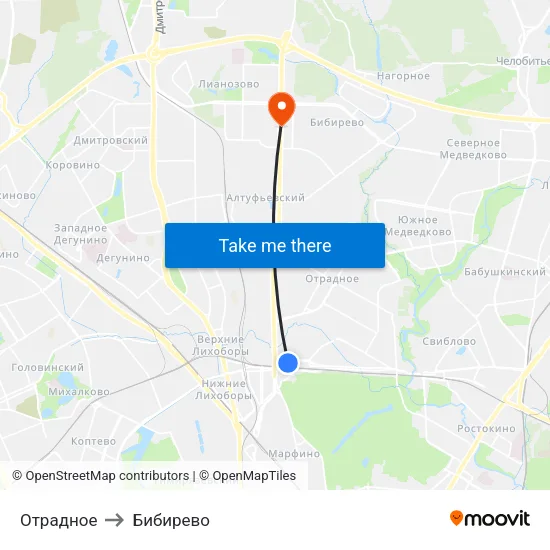 Отрадное to Бибирево map