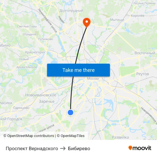 Проспект Вернадского to Бибирево map