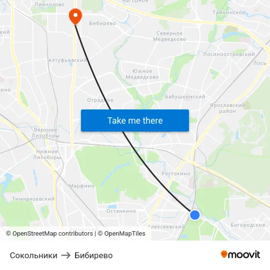 Сокольники to Бибирево map