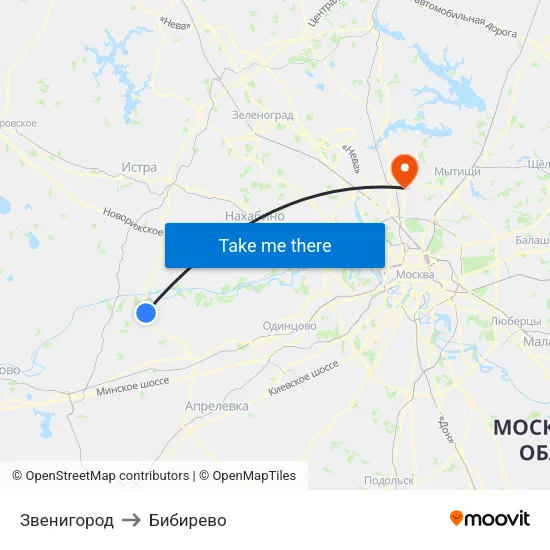 Звенигород to Бибирево map