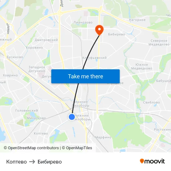 Коптево to Бибирево map