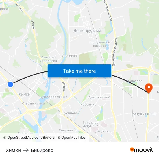 Химки to Бибирево map