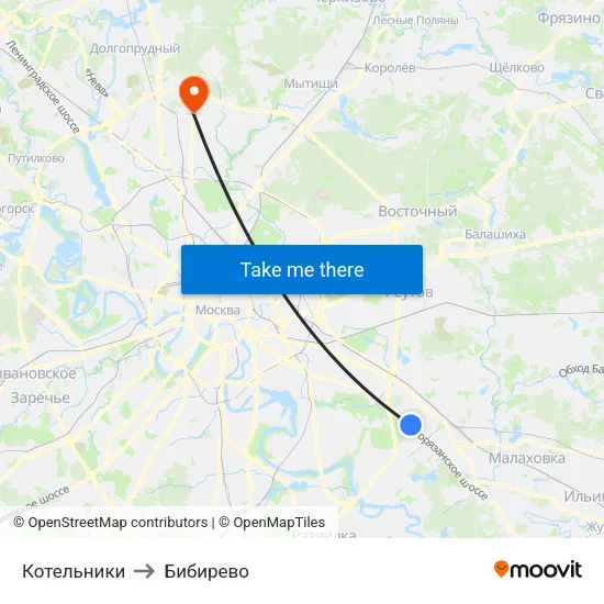 Котельники to Бибирево map