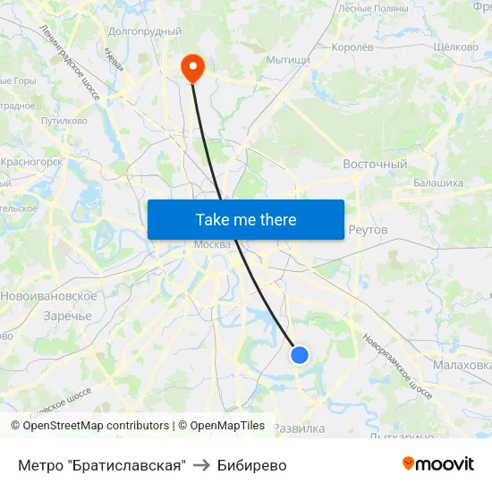 Метро "Братиславская" to Бибирево map