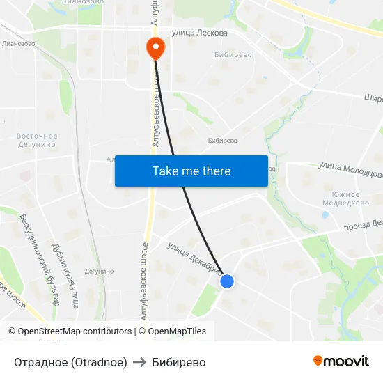 Отрадное (Otradnoe) to Бибирево map