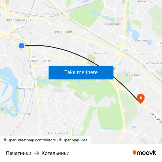 Печатники to Котельники map
