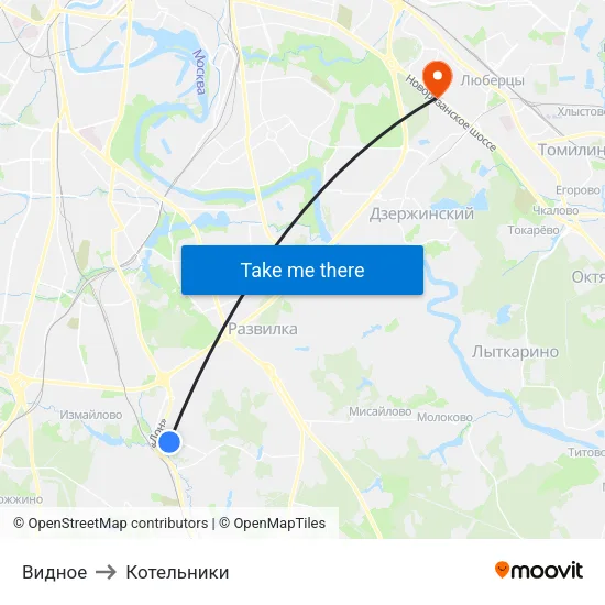 Видное to Котельники map