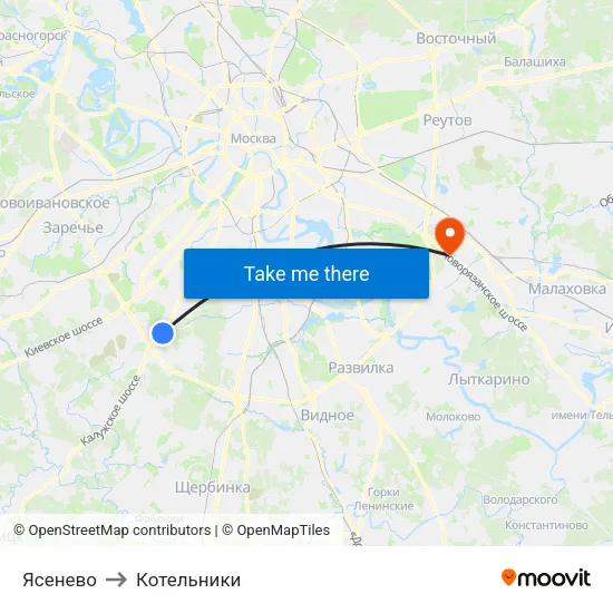Ясенево to Котельники map