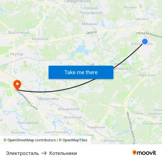 Электросталь to Котельники map