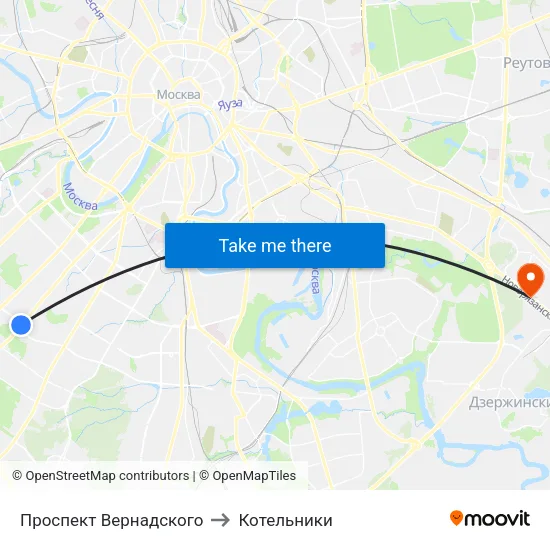 Проспект Вернадского to Котельники map