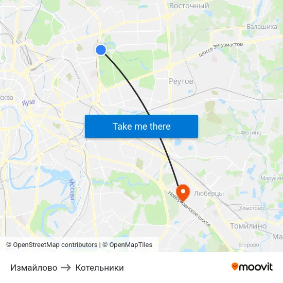 Измайлово to Котельники map
