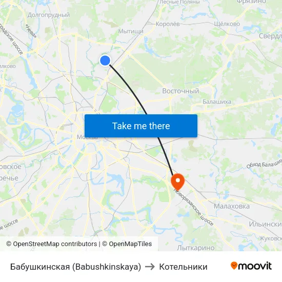 Бабушкинская (Babushkinskaya) to Котельники map