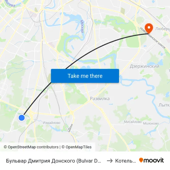 Бульвар Дмитрия Донского (Bulvar Dmitriya Donskogo) to Котельники map
