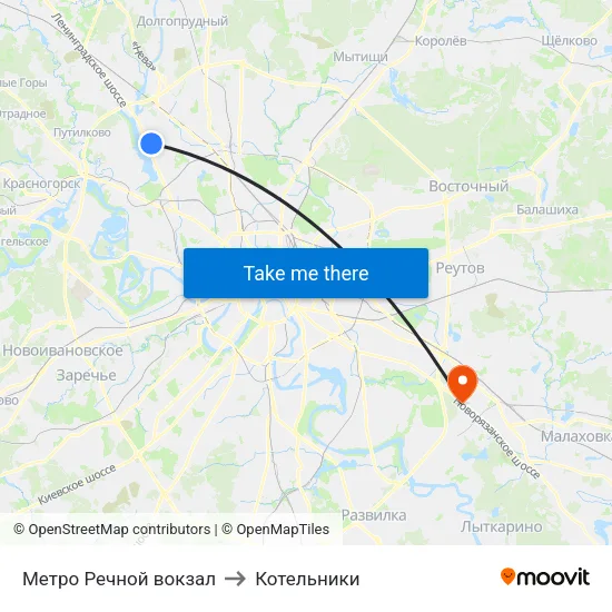 Метро Речной вокзал to Котельники map