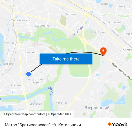 Метро "Братиславская" to Котельники map
