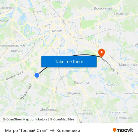 Метро "Теплый Стан" to Котельники map