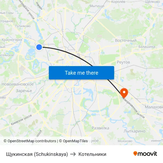 Щукинская (Schukinskaya) to Котельники map
